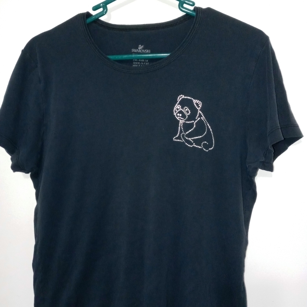 Swarovski crystal sitting Bear Short Sleeve Black T Shirt XL. 100% Combed Cotton